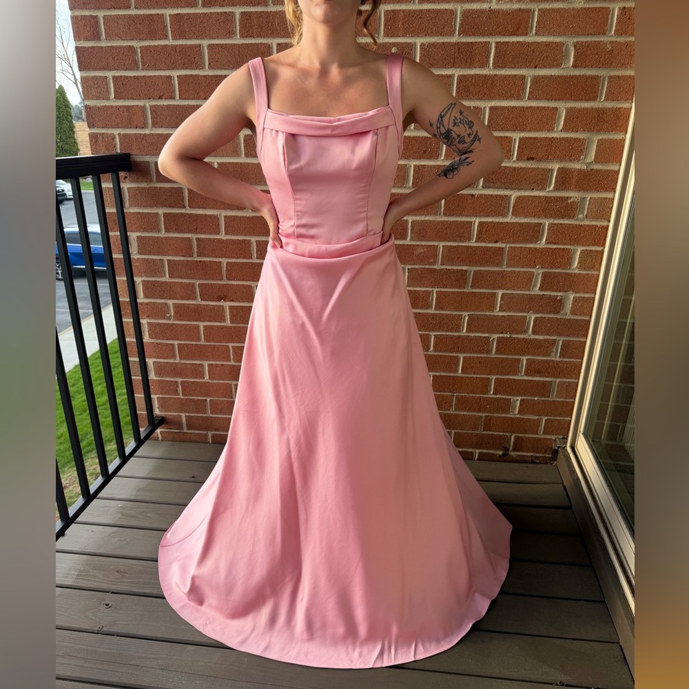 Elegant Pink Satin Evening Gown - Sleeveless Square Neck
